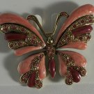 Gold Plate Unusual Pink Enamel & Crystal Butterfly Pin Brooch