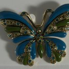 Gold Plate Unusual Blue Enamel & Crystal Butterfly Pin Brooch