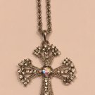 Elegant Victorian Style Silver Plated Clear Crystal Cross Necklace