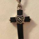 Sterling Silver Onyx and Marcasite Cross with Heart Pendant 1 1/4"