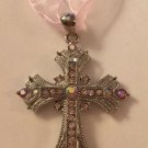 2 1/2" Pink & AB Crystal in Silver Plate Cross Ribbon Chain Necklace