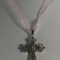 2 1/2" Pink & AB Crystal in Silver Plate Cross Ribbon Chain Necklace