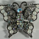 Opal Aurora Borealis Clear Crystal Silver Plate Butterfly Pin Brooch