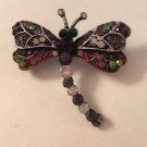 Pink Enamel Purple Opal Purple Green Crystal Silver Plate Dragonfly Pin Brooch