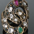 TURKISH OTTOMAN SIZE 6.5 0.33 CARAT EMERALD & RUBY & CZ HANDMADE BRONZE RING