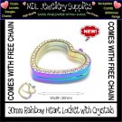 Rainbow Heart 30mm floating locket, with FREE CHAIN - (LH14)