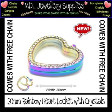 Rainbow Heart 30mm floating locket, with FREE CHAIN - (LH14)