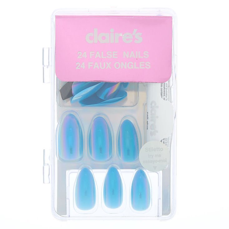 Claire's Holographic Faux Nail Set - Blue, 24 Pack