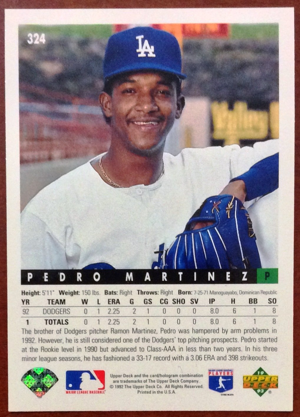 MLB PEDRO MARTINEZ UPPER DECK 324 BASEBALL CARD 1993 LA DODGERS NMMINT