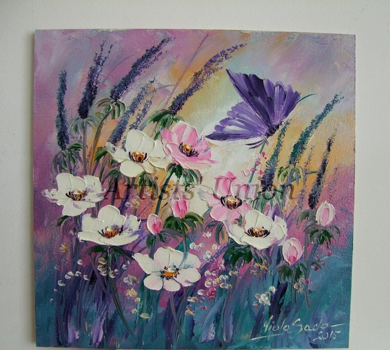 Meadow Butterfly Original Oil Painting Impasto Pink Purple Impression Palette knife Board EU Artist