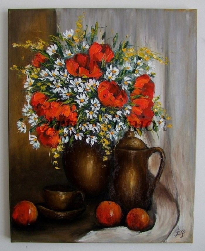 Still Life Original Oil Painting Red Poppies Fruits Impasto White Daisies Teacup Ceramic Jug EU Art