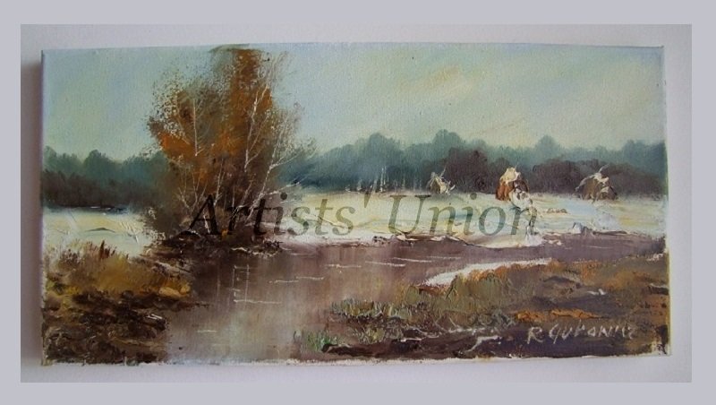 Winter Original Oil Painting Landscape Impasto Haystacks River Forest Palette Knife EU Artist