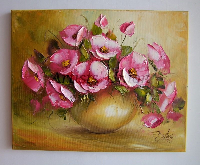 Wild Roses Original Oil Painting Still Life Pink Impasto Palette Knife Textured Fine Art