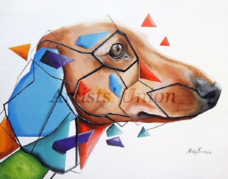 Dachshund Original Oil Painting Cubism Dog Portrait Contemporary Abstract  Animal art Europe Artist