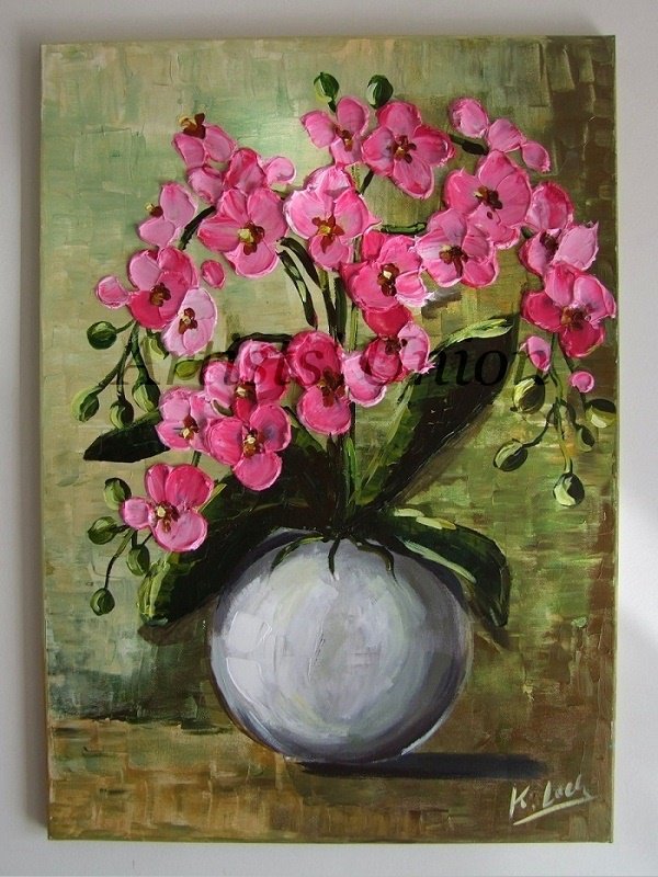 Pink Orchids Original Oil Painting, Still life Palette Knife Textured Modern Art, Impasto 3D Flowers