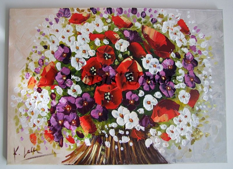 Modern Bouquet Original Oil Painting, Red Poppies Palette knife Impasto Art, Still Life Wild Flowers