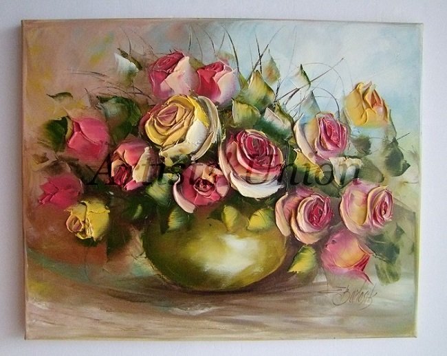 Roses Original Oil Painting Impasto Pink Yellow Still Life Palette Knife 3D Flowers