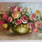 Roses Original Oil Painting Impasto Pink Yellow Still Life Palette Knife 3D Flowers