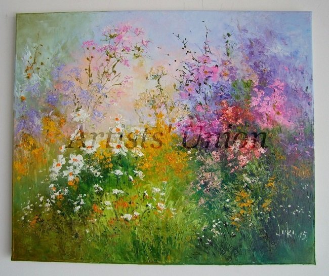Meadow Original Oil Painting Wild Flowers Daisies Impasto Pink Purple Yellow Palette Knife Textured