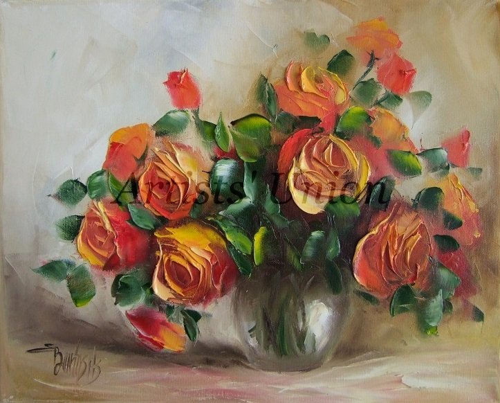 Orange Roses Oil Painting Original Art,Modern Still life Abstract Flowers Vase Floral Textured Wall Art