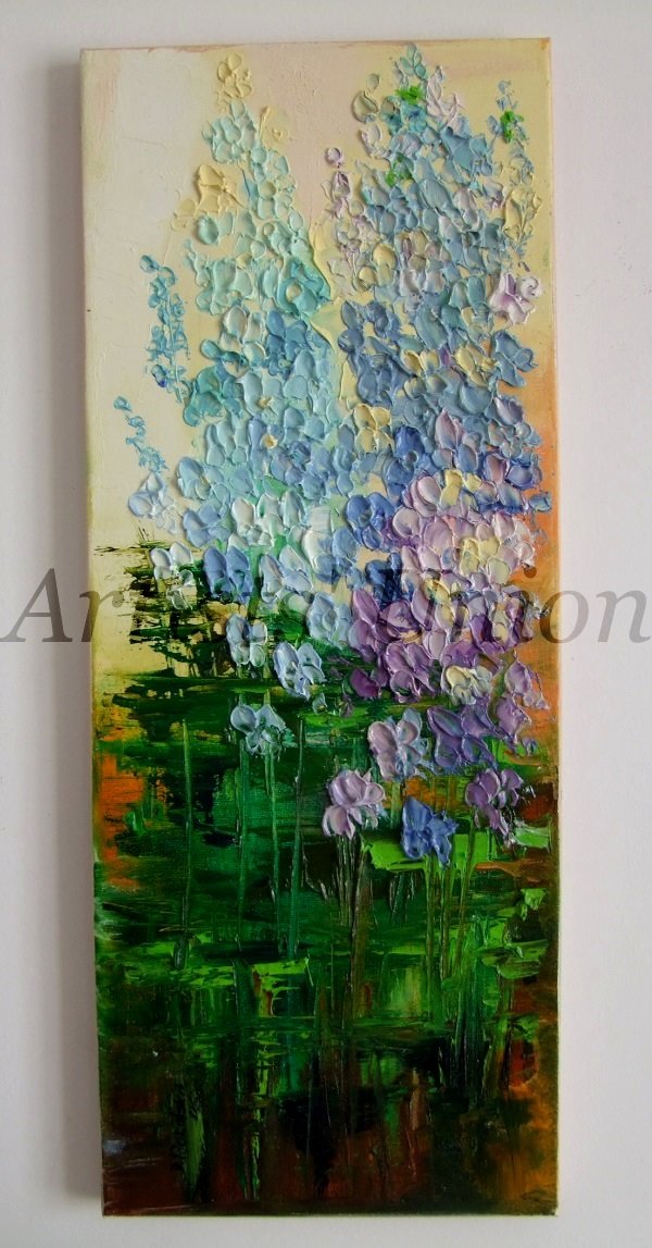 Larkspurs Original Oil Painting Delphinium Impasto Palette Knife Textured Blue Purple Flowers EU Art
