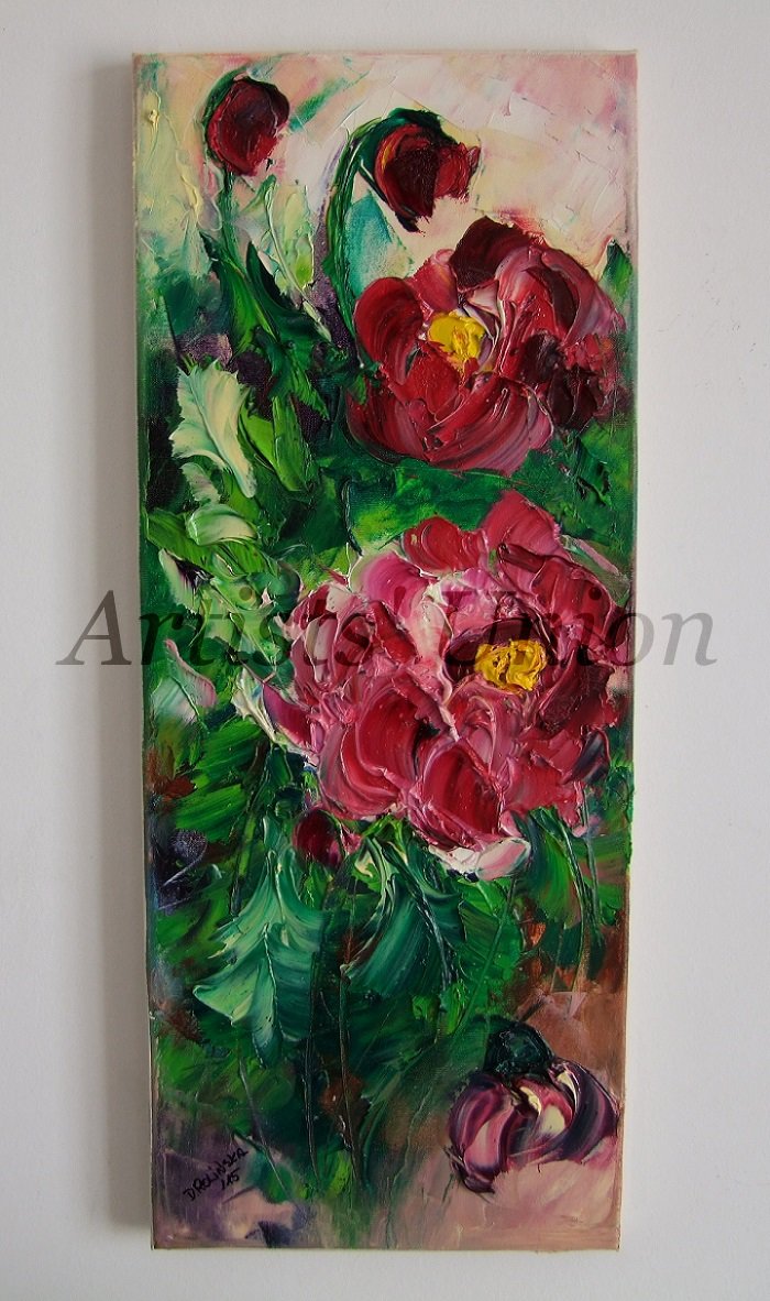 Peonies Original Oil Painting Crimson Peony Impasto Flowers Palette Knife Textured