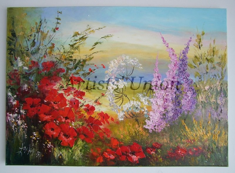 Meadow Original Oil Painting Red Poppies Impasto Floral Palette Knife Pink Purple Flowers Textured