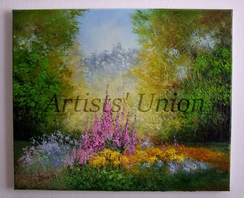 Meadow Landscape Original Oil Painting Palette Knife Wild Flowers Forest Impasto Textured Fine Art