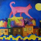 Pink Cat Original Oil Painting, Fantasy Cityscape, Nursery Fine Art, Children Kids Baby Shower Gift