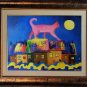 Pink Cat Original Oil Painting, Fantasy Cityscape, Nursery Fine Art, Children Kids Baby Shower Gift