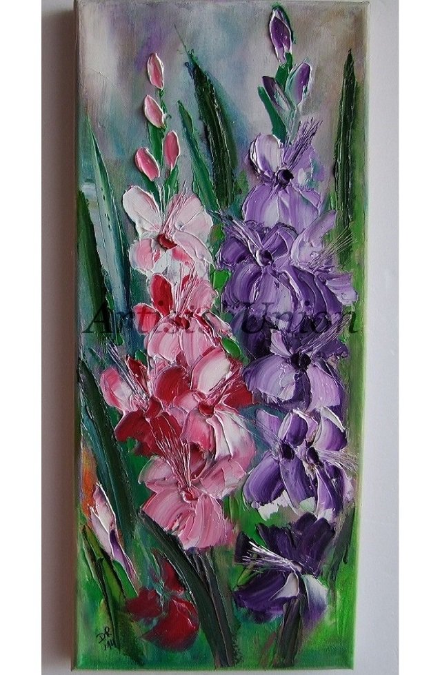 Pink Purple Mallows Original Oil Painting Malva Garden Flowers Palette Knife Still Life Fine Art