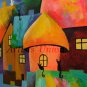 Magic City Original Oil Painting Fantasy Cityscape Cat Balloon Nursery Art Children Kids Baby Shower