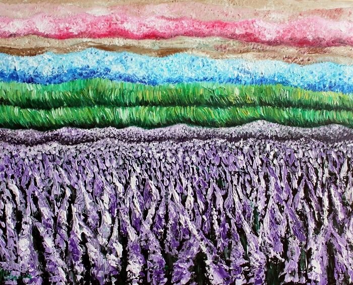 Contemporary Landscape, Large Original Oil Painting, Lavender Fields, Abstract, Impasto, Purple Pink