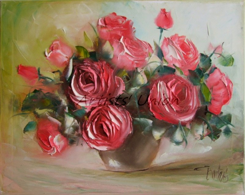 Pink Roses Original Oil Painting Impasto Still Life Palette Knife shabby Bouquet Impressionism