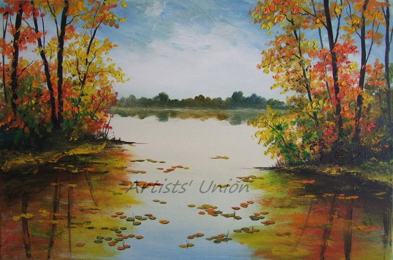 Autumn Landscape Original Oil Painting Contemporary Art Lake Trees