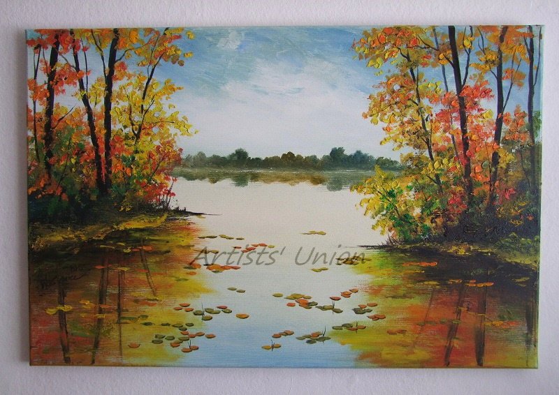 Autumn Landscape Original Oil Painting Contemporary Art Lake Trees Palette Knife Colorful Impasto