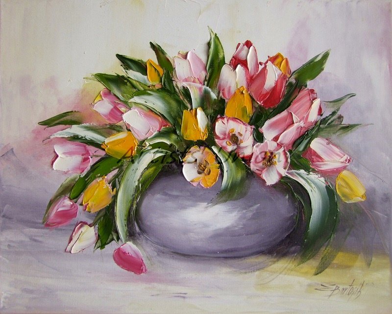 Tulips Bouquet Impasto Original Oil Painting Impressionism shabby chic colors Modern Still Life