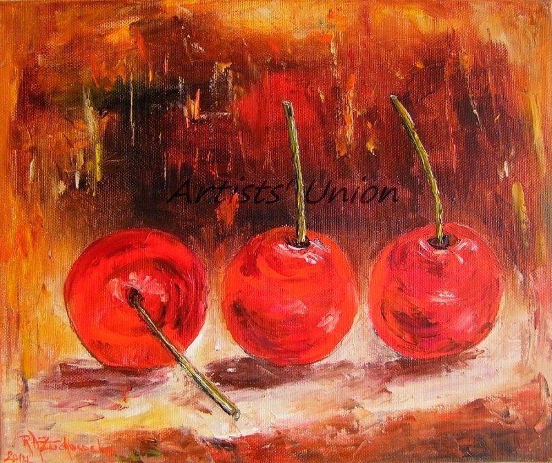 Cherries Original Oil Painting Impasto Red Fruits Impressionism Food Art Dinning Room Decor Linen