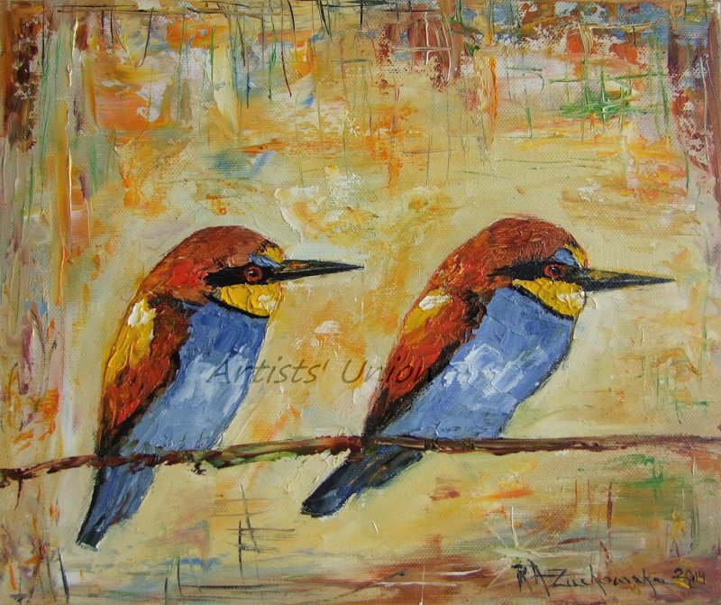 Two Birds Original Oil Painting Fine Bird Art Textured Linen Nursery Duet Impression EU Artist