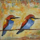 Two Birds Original Oil Painting Fine Bird Art Textured Linen Nursery Duet Impression EU Artist