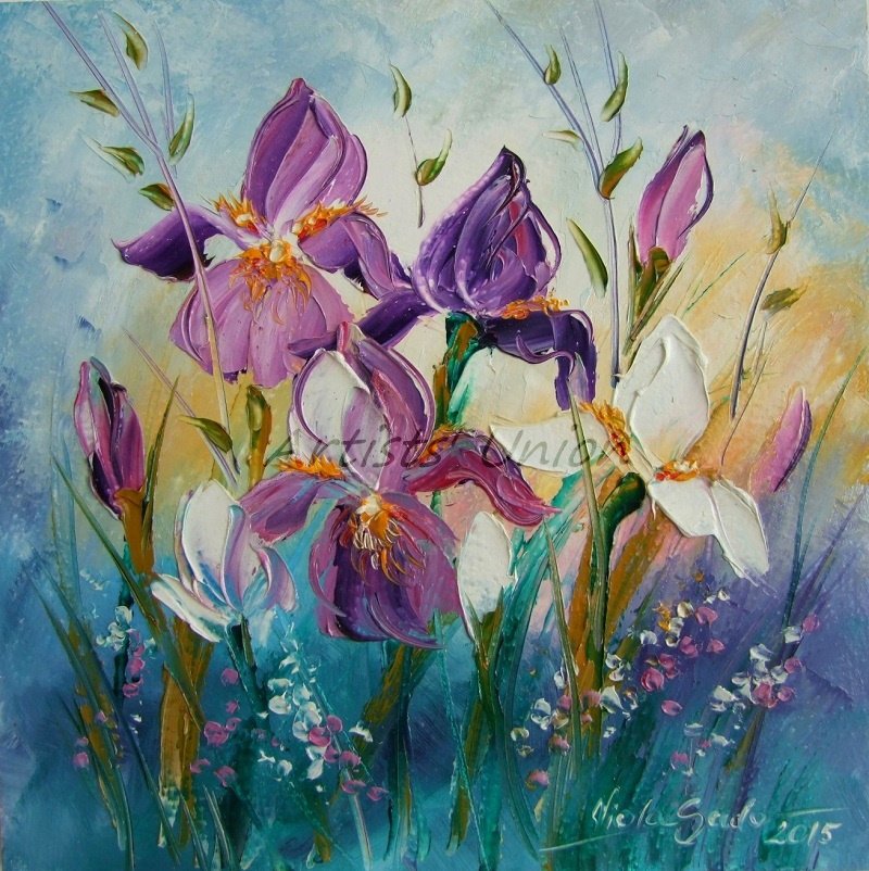 Irises Impasto Original Oil Painting Purple White Flowers Palette knife Textured Art Meadow Garden