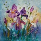 Irises Impasto Original Oil Painting Purple White Flowers Palette knife Textured Art Meadow Garden