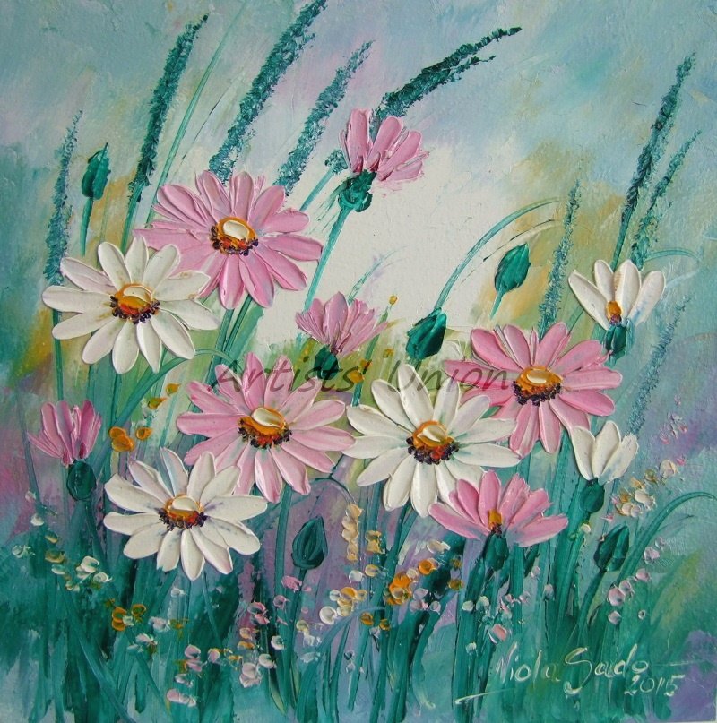 Pink White Daisies Original Oil Painting Meadow Daisy Lavender Impasto Palette Knife Textured Art