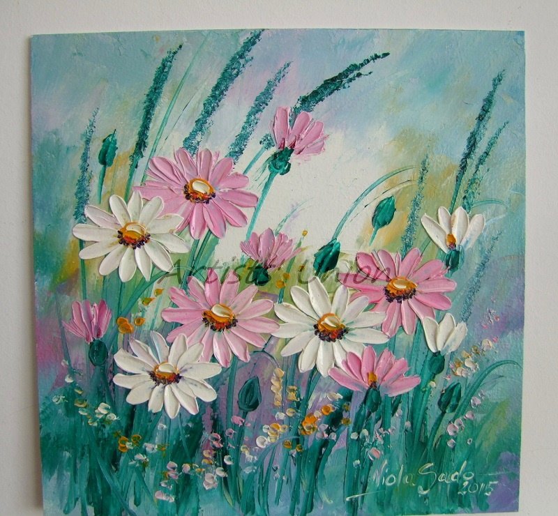 Pink White Daisies Original Oil Painting Meadow Daisy Lavender Impasto