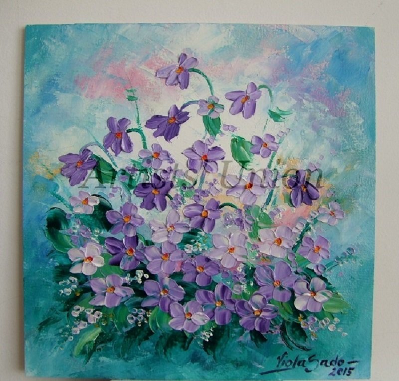 Violets Original Oil Painting Impasto Purple Flowers Textured Palette Knife Fine Art