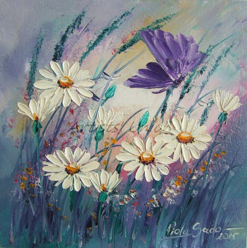 White Daisies Purple Butterfly Original Oil Painting Meadow Palette Knife Textured Art