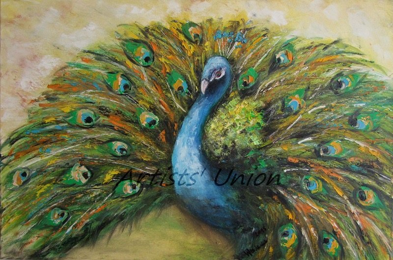 Peacock Original Oil Painting Palette Knife Textured Impasto Green Bird Contemporary Art