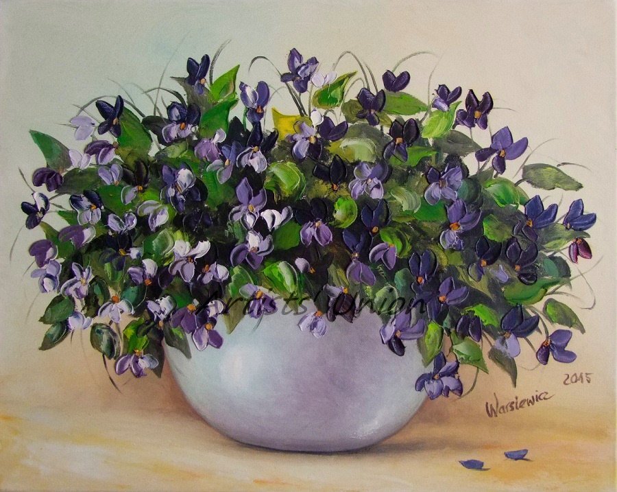Violets Original Oil Painting Stile Life Purple Wild Flowers Bouquet Palette Knife Impressionism