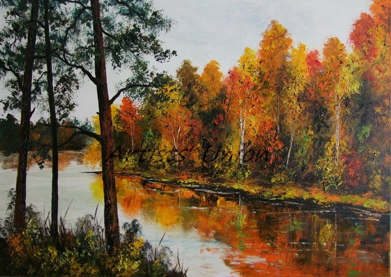 Colorful Autumn Landscape Original Oil Painting, Forest River Modern Art, Palette Knife Impasto
