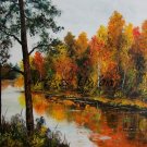 Colorful Autumn Landscape Original Oil Painting, Forest River Modern Art, Palette Knife Impasto